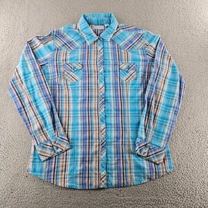 Cowgirl Up Shirt Womens XL Plaid Long Sleeve Snap Front Western Blue Pink